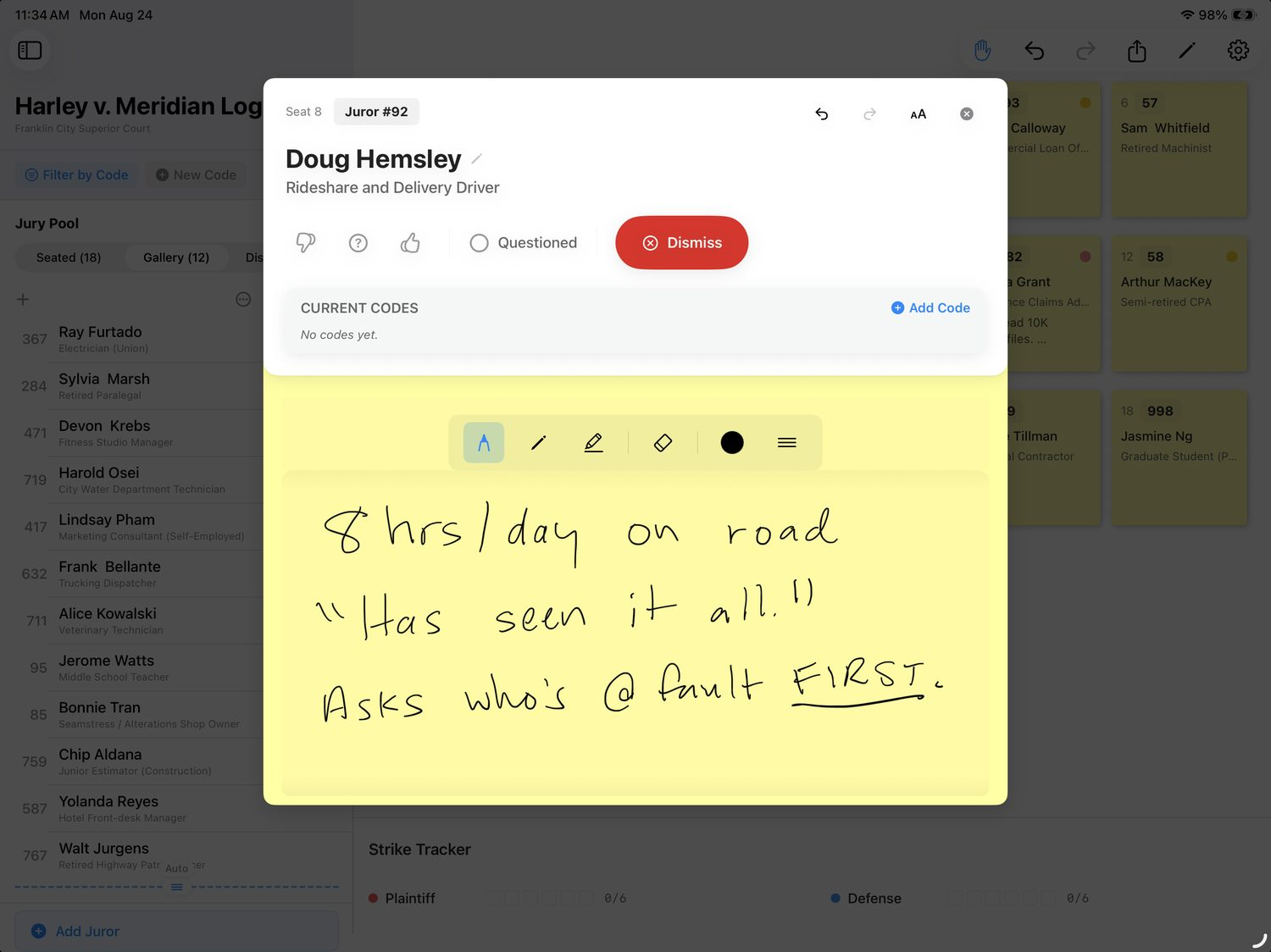 A handwritten juror note in JuryBoard, taken with an Apple Pencil, capturing the juror’s own phrasing rather than a one-word label.